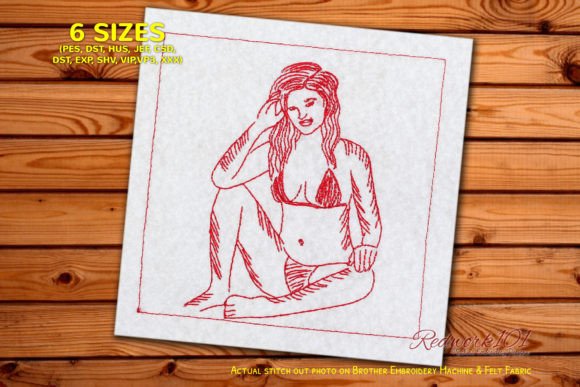 Girl in Bikini on Beach Redwork